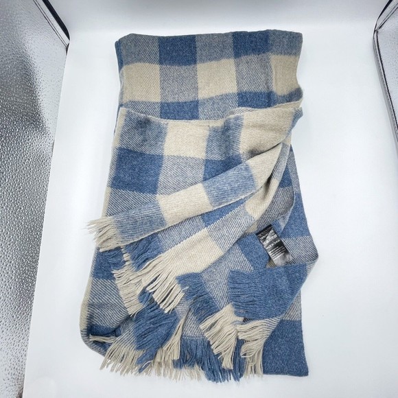 Unisex Fringe Scarf Blue Beige Viscose Plaid Long Rectangular 82 X 24.5 Inches - Picture 5 of 11